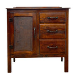 Load image into Gallery viewer, A rustic wooden cabinet and drawer chest with a warm medium-brown finish, featuring a single door with a textured panel on the left and three drawers on the right, each with dark metal handles.
