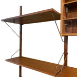 Load image into Gallery viewer, Mid-century modern wooden wall-mounted shelving unit with two open shelves supported by tension rods and brackets, shown against a plain white background.
