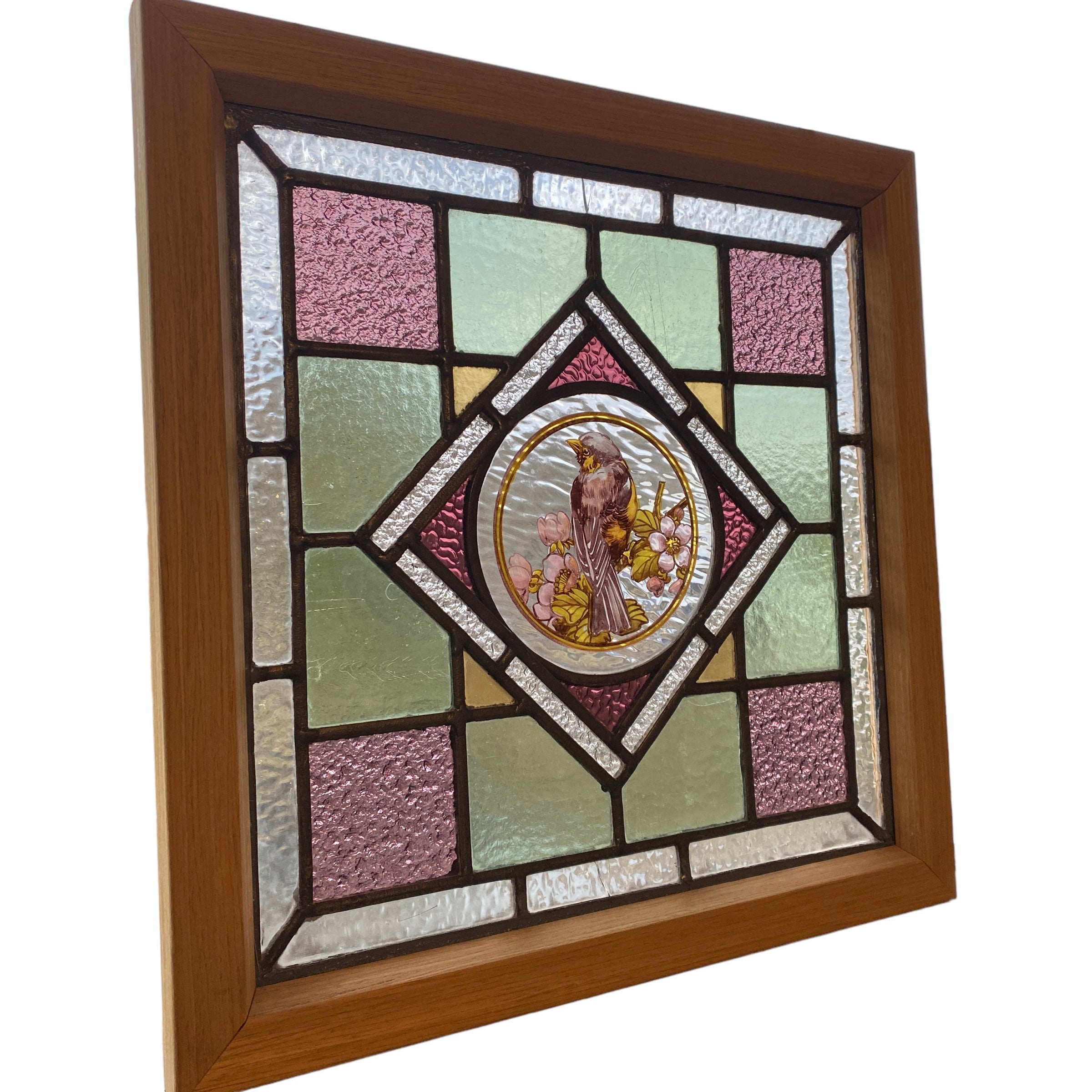 Pitch Pine Frame Victorian English Leaded Stained Glass Birds Flowers