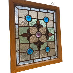 Oak Frame Victorian English Leaded Stained Glass Floral #3