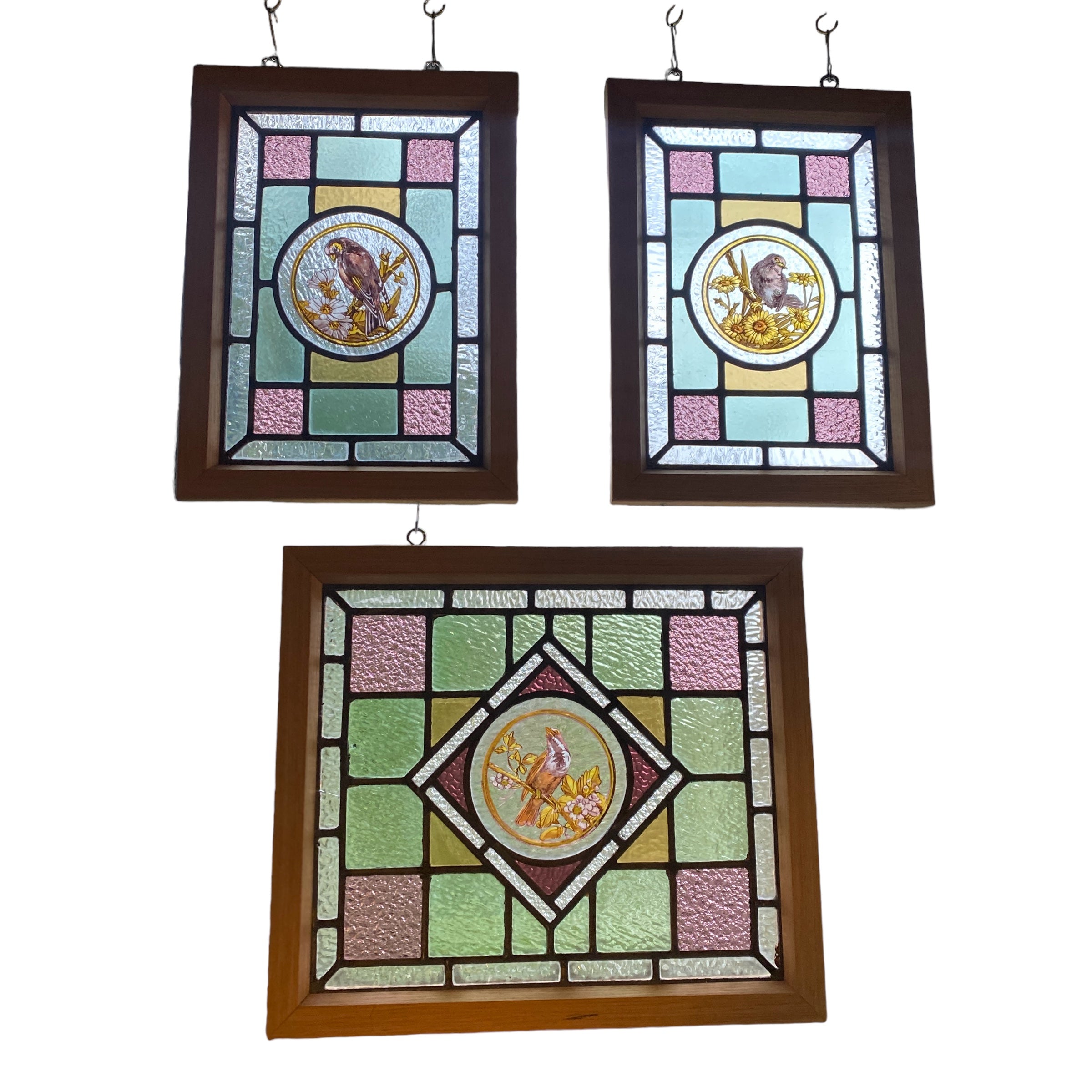 Victorian English Leaded Stained Glass Birds Flowers #4