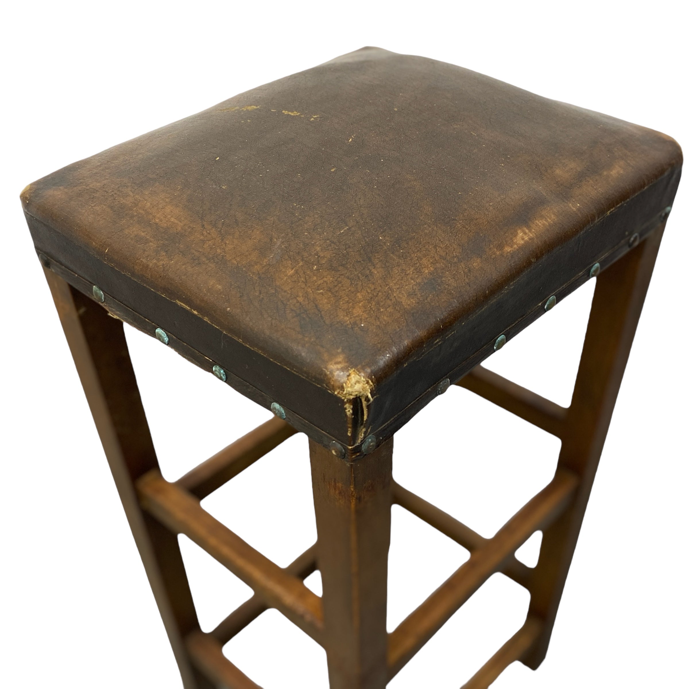 Leather Top Vintage School Stool Brown Leather