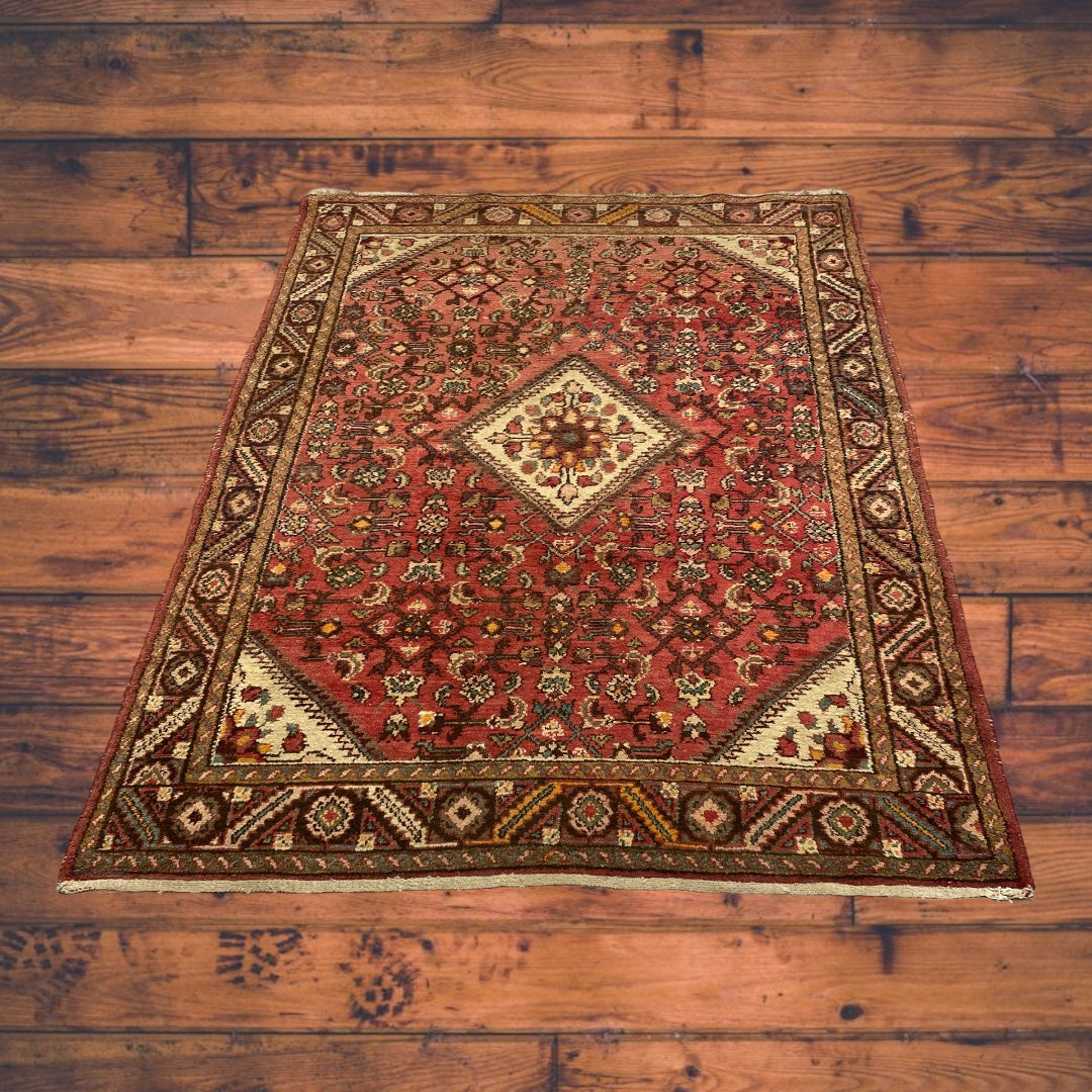 Wooden Floor Vintage Rug Pink Orange Beige Wool