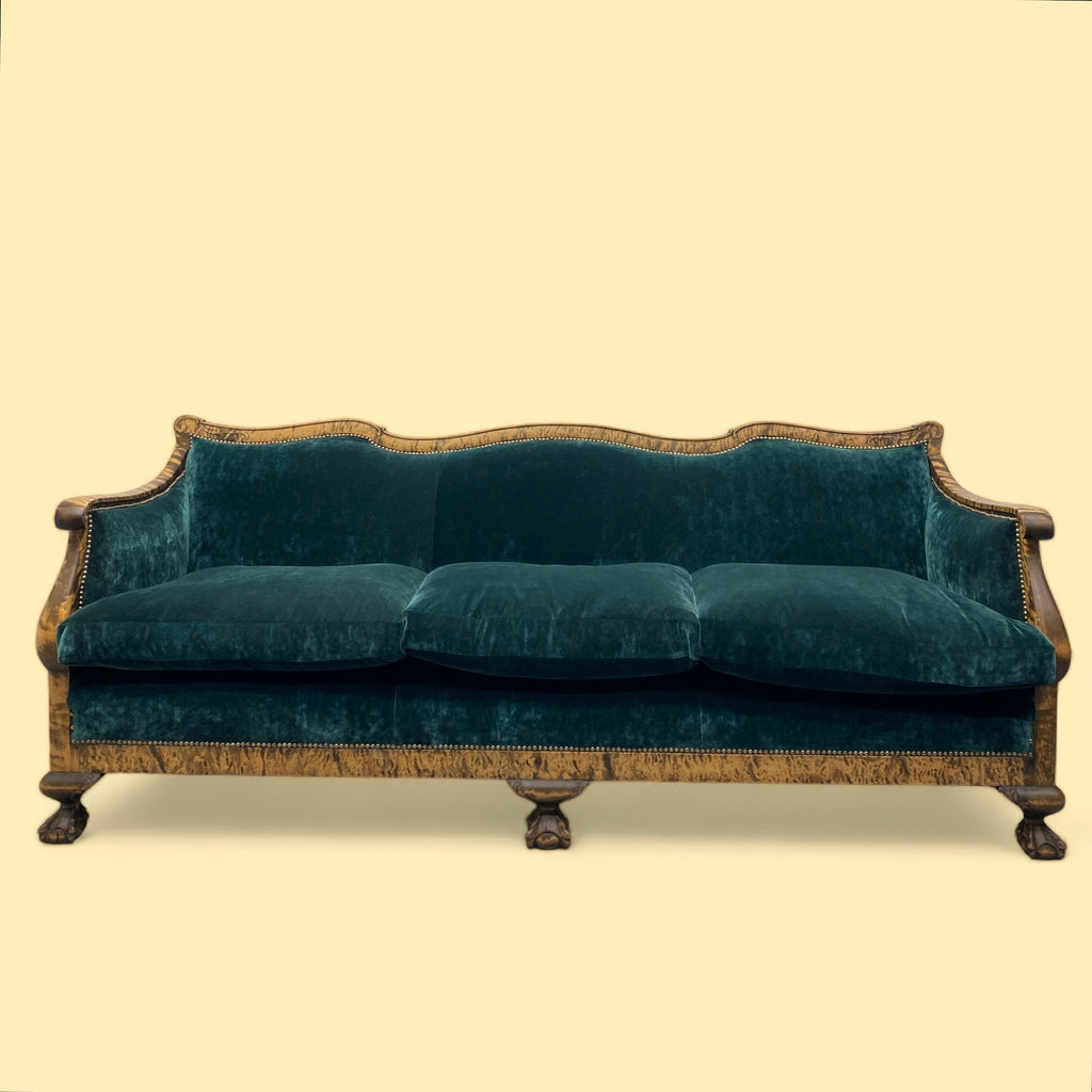 Yellow Background Antique Biedermeier Sofa Emerald Green Velvet Walnut