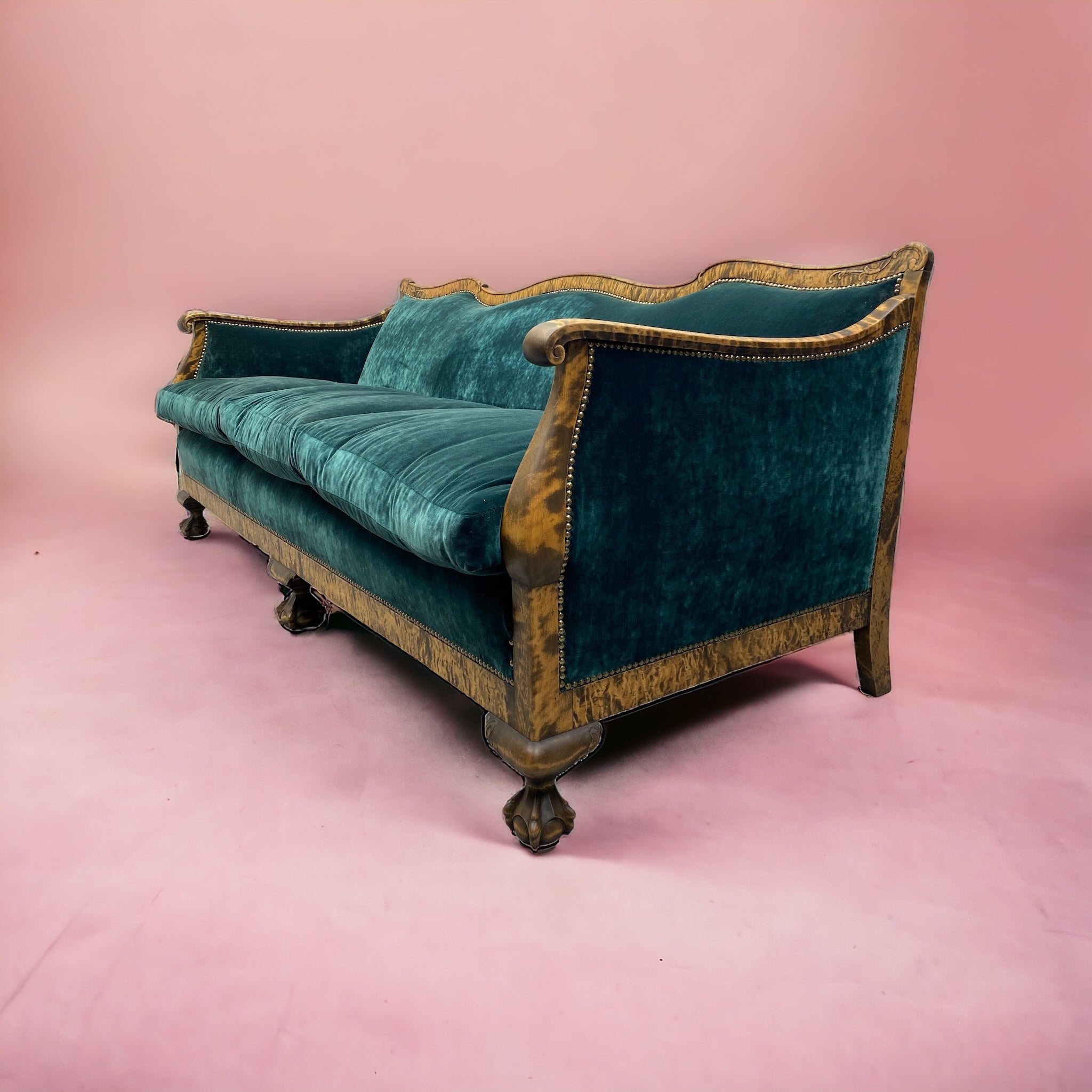 Pink Background Antique Biedermeier Sofa Emerald Green Velvet Walnut