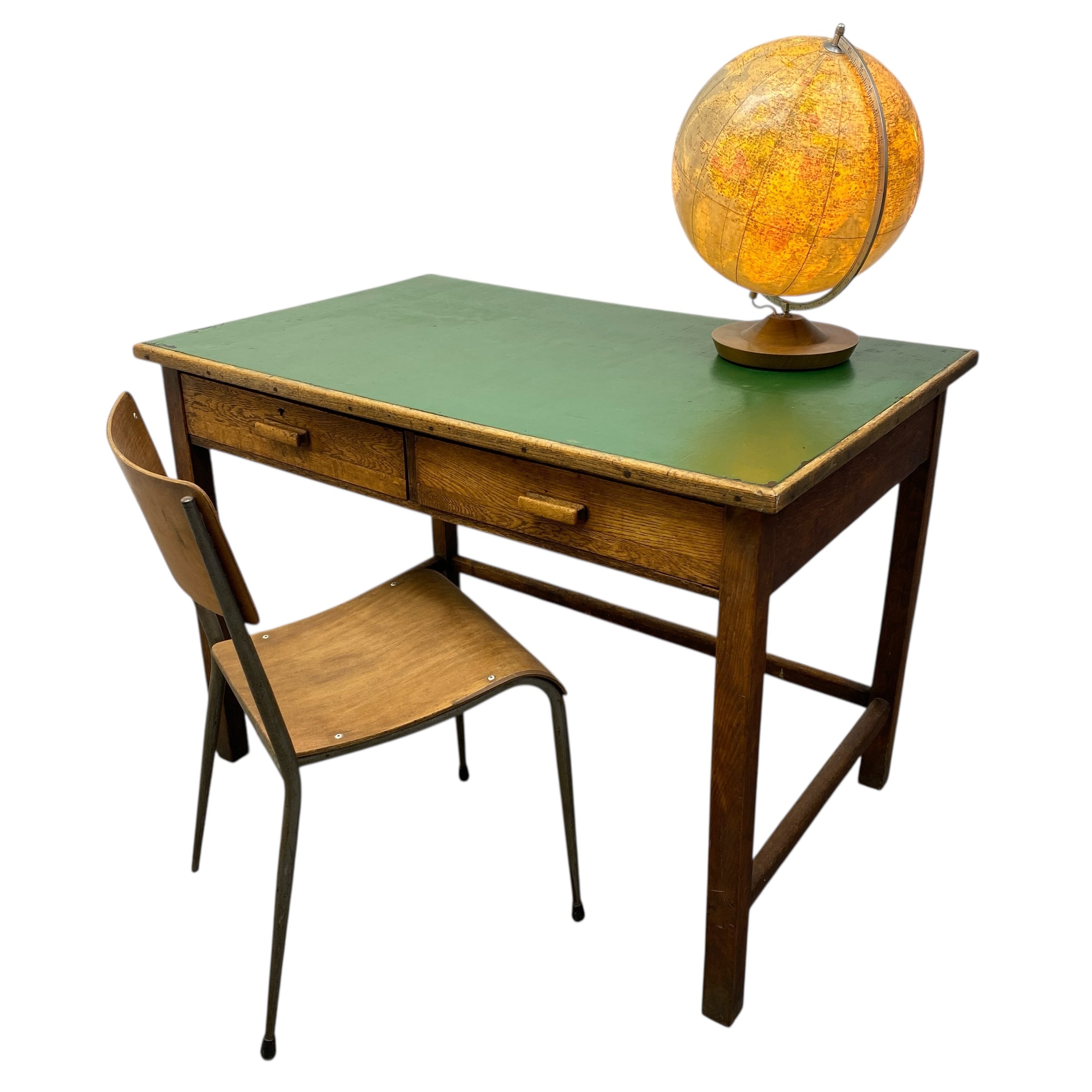 1930s Desk Oak Green with chair and globe lamp