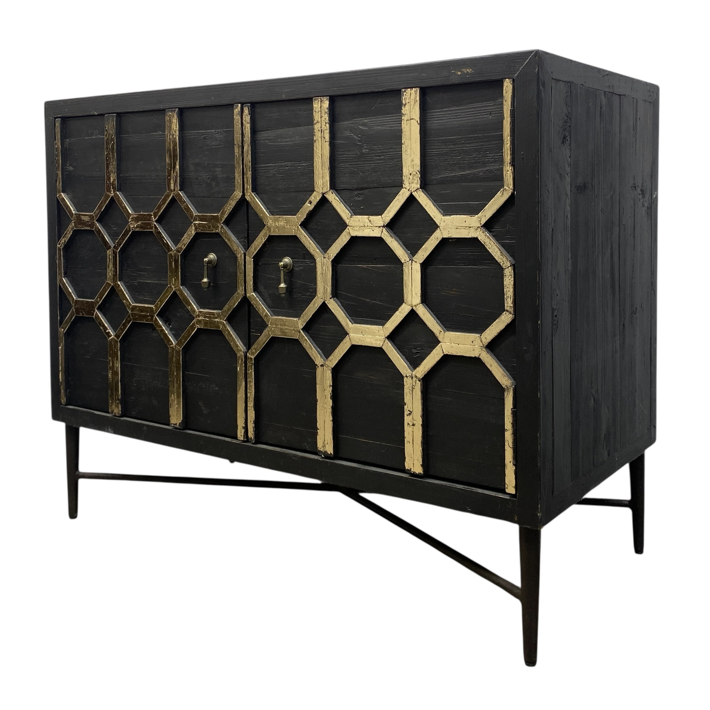 Black cabinet with geometric gold pattern on a white background