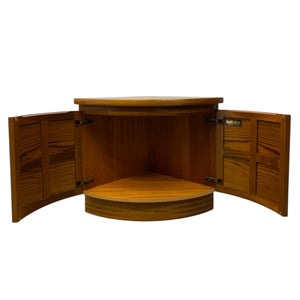 Wooden corner cabinet with open doors on a white background