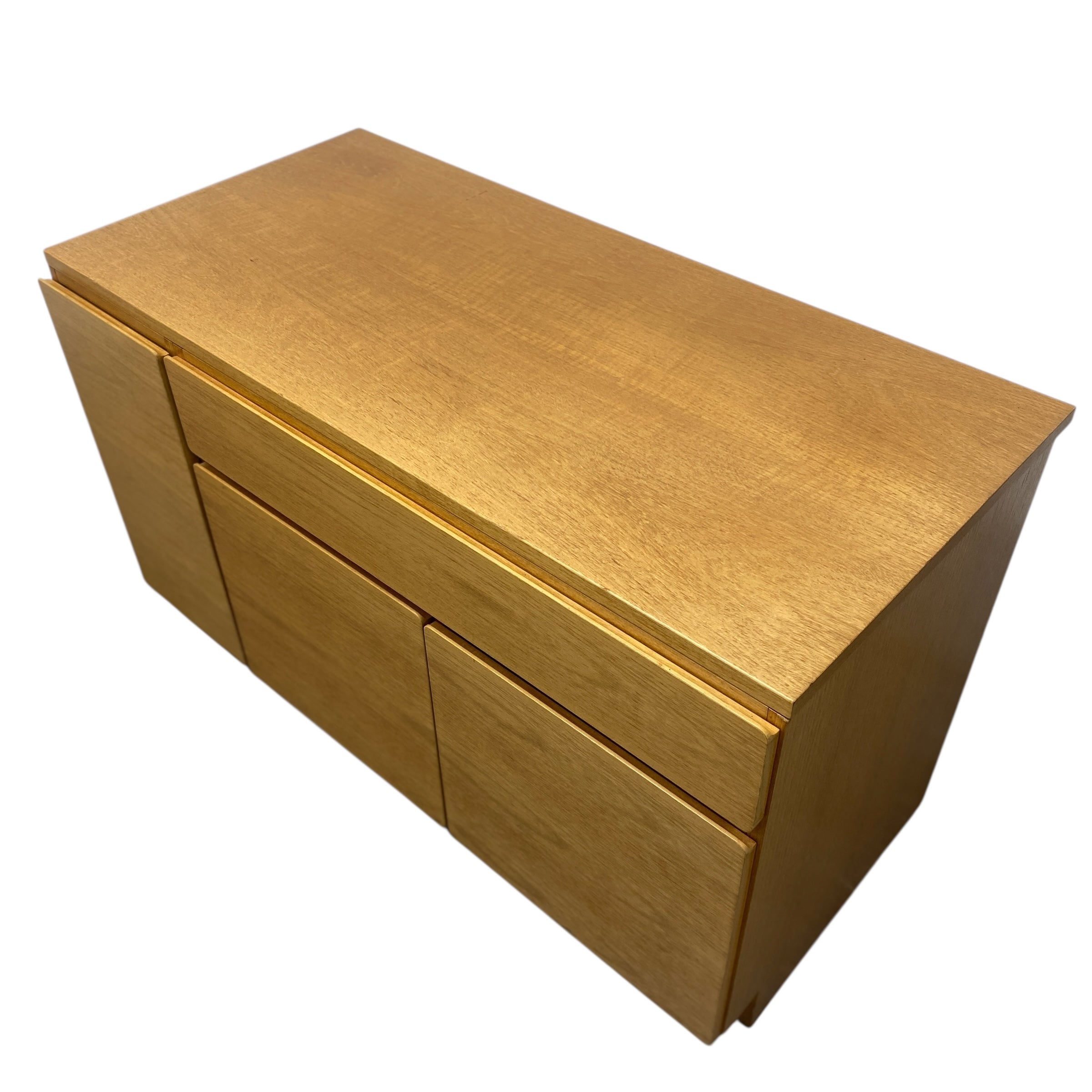 Wooden sideboard with two doors and a top shelf on a white background