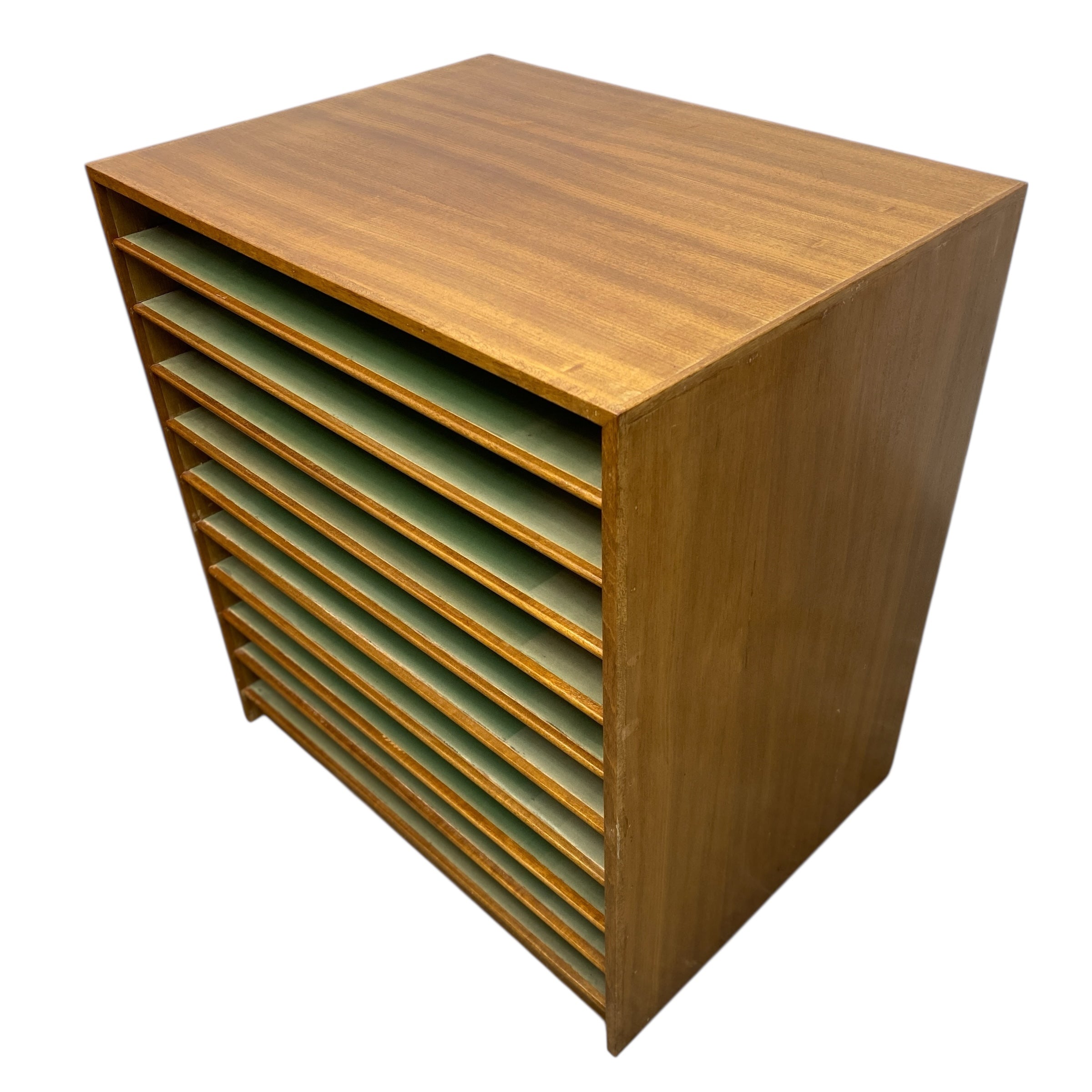 Wooden plan chest with multiple shelves on a white background