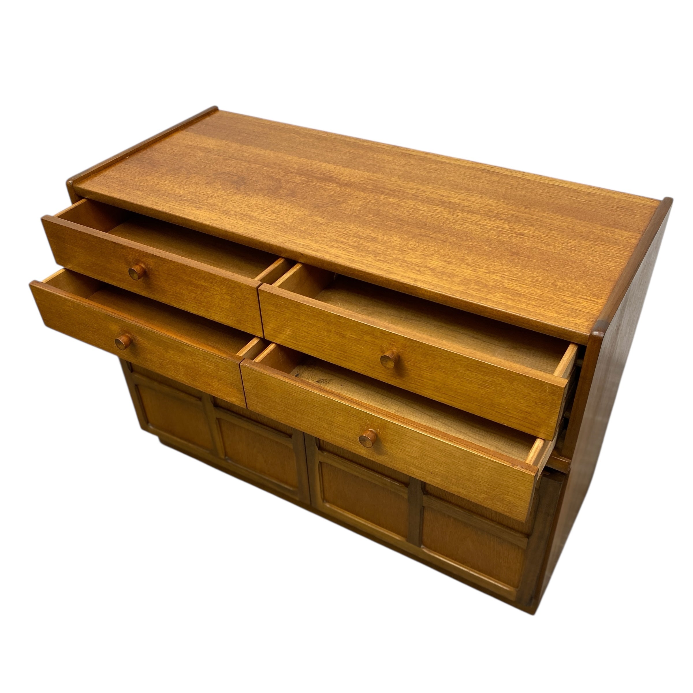 Wooden dresser with multiple drawers on a white background