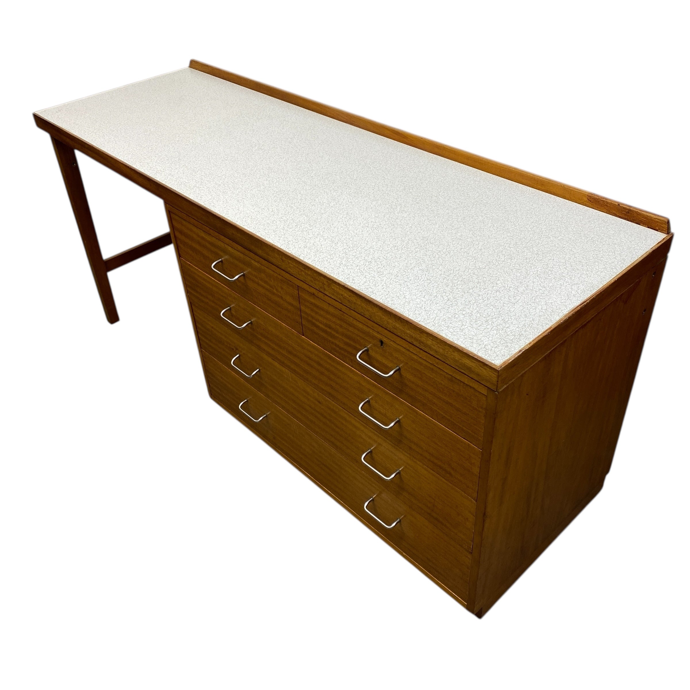 Wooden desk with a white formica  top on a white background