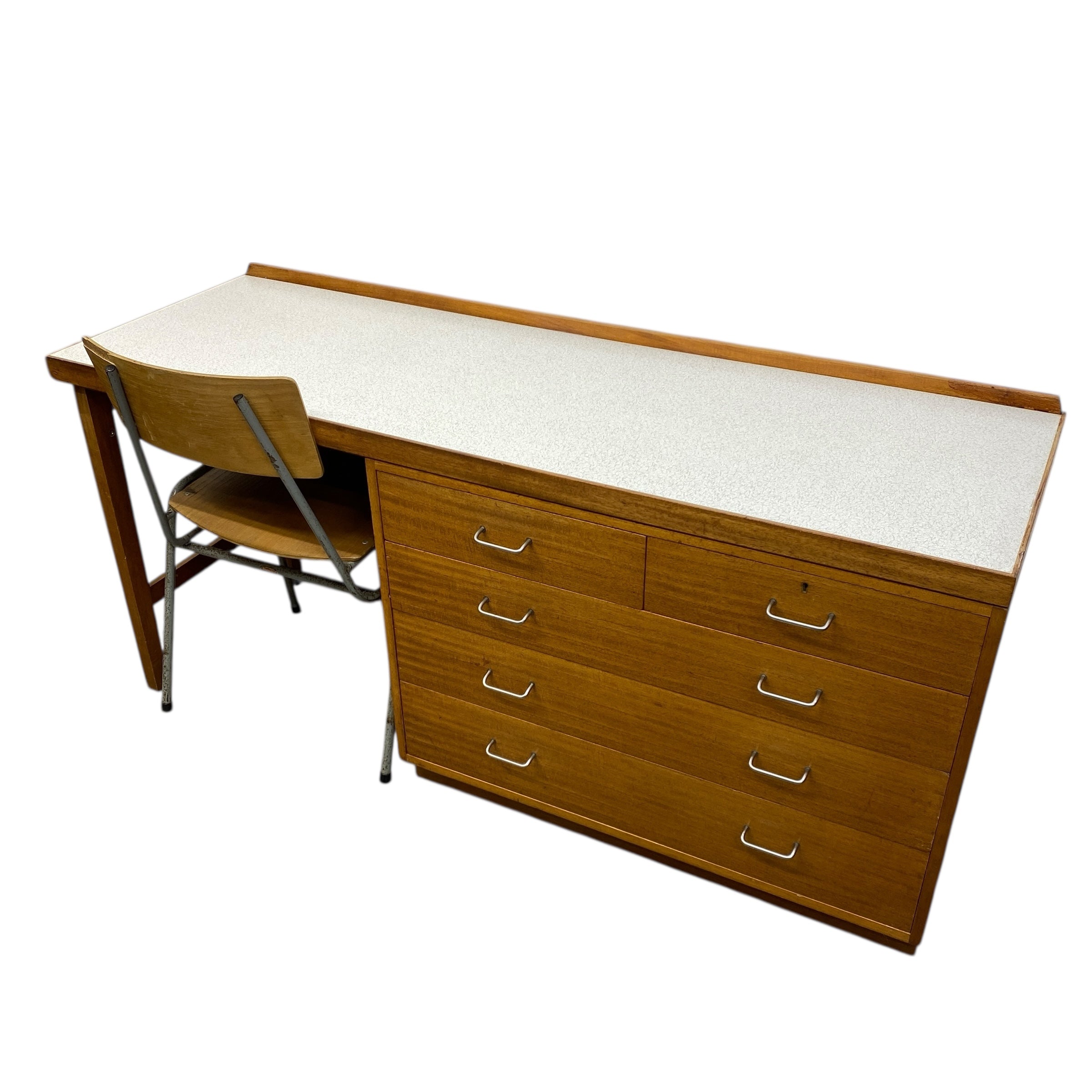 Wooden desk with white top and chair on a white background