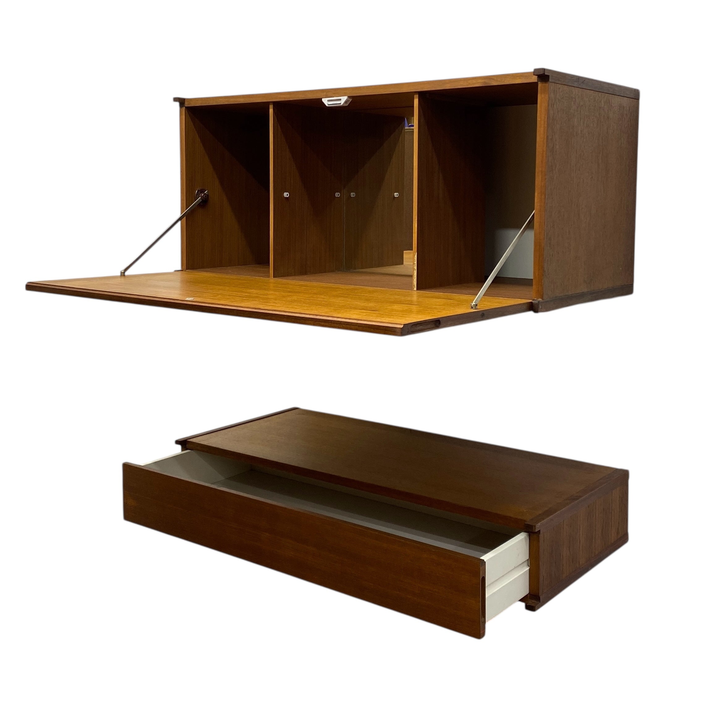 Wooden wall-mounted storage unit with a bed and drawers on a white background