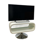 Load image into Gallery viewer, Modern TV stand with a curved design and glass shelf, featuring a television on top.
