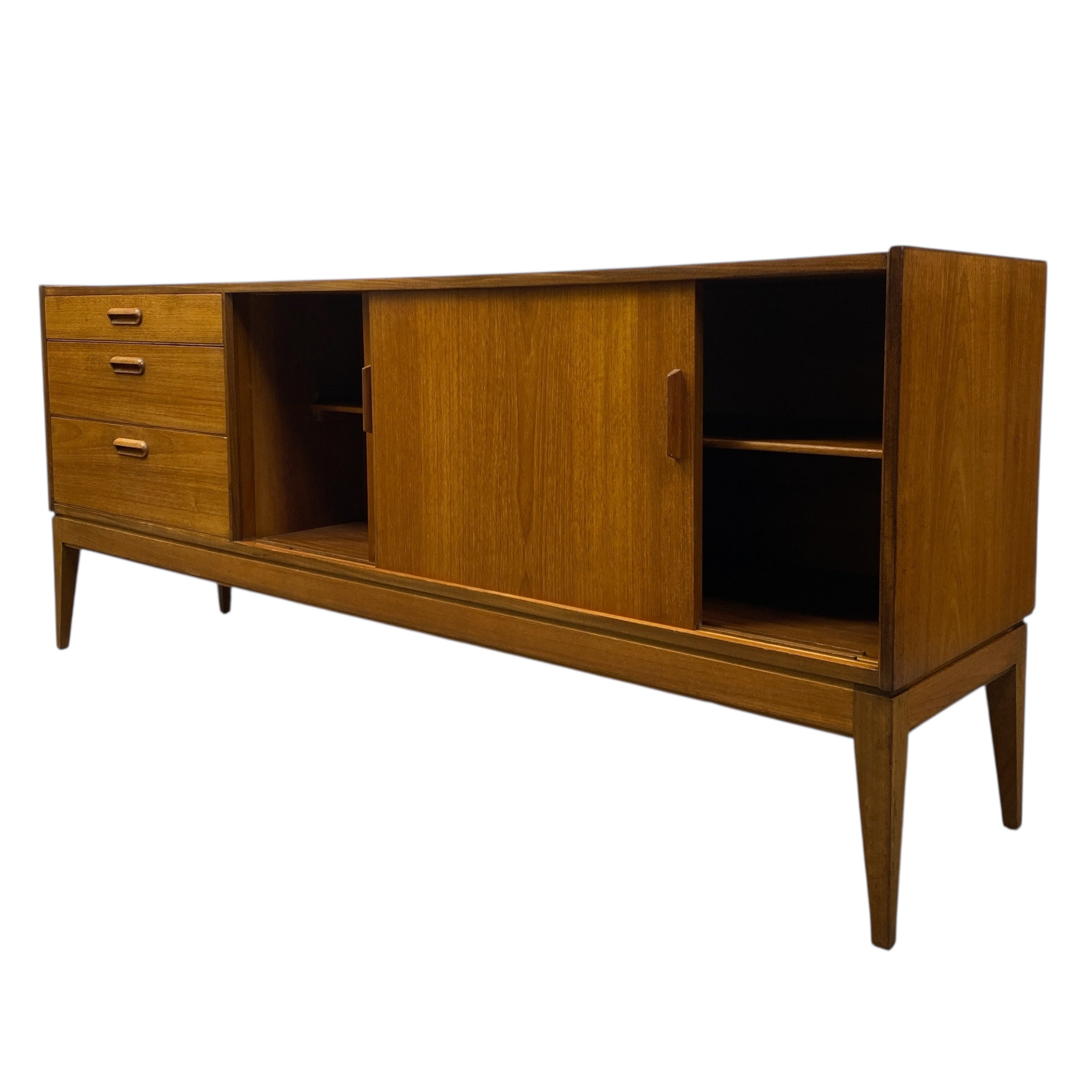 Wooden sideboard with drawers and cabinets on a white background