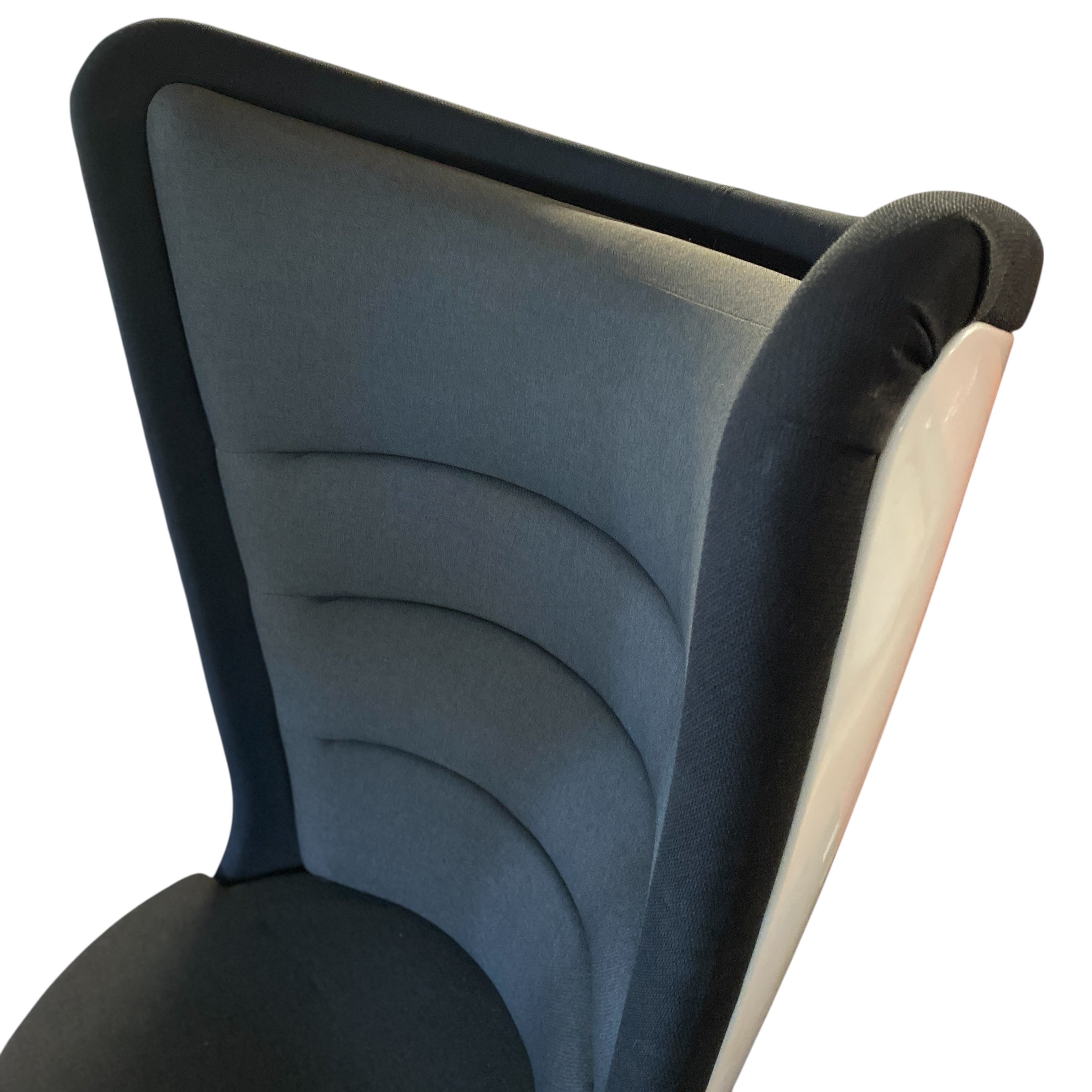 Close-up of a chair with a gray cushioned backrest on a white background
