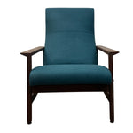Load image into Gallery viewer, Teal armchair with wooden arms and legs on a white background
