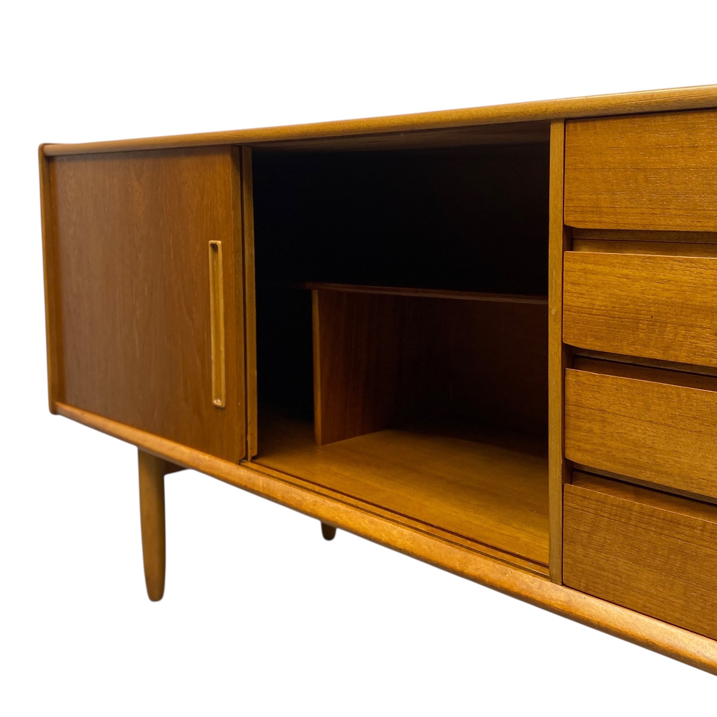 Wooden sideboard with open cabinet on a white background