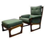 Load image into Gallery viewer, Green chair and ottoman set with wooden frame on a white background
