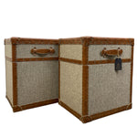 Load image into Gallery viewer, Two vintage-style trunks with brown leather accents on a white background

