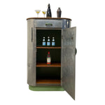 Load image into Gallery viewer, Metallic bar cabinet with open door displaying bottles and glasses on a white background
