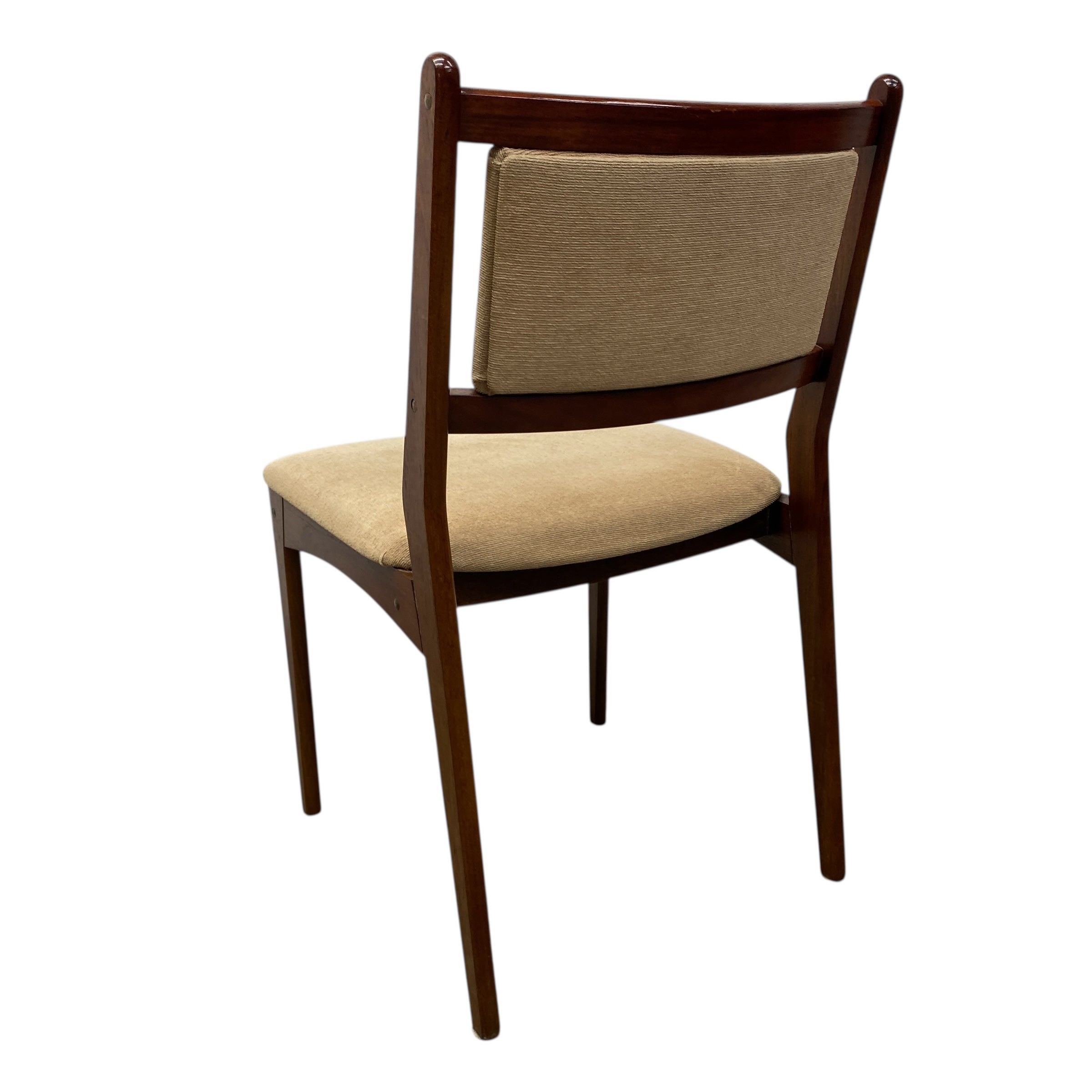 Wooden chair with beige cushioned seat and backrest on a white background