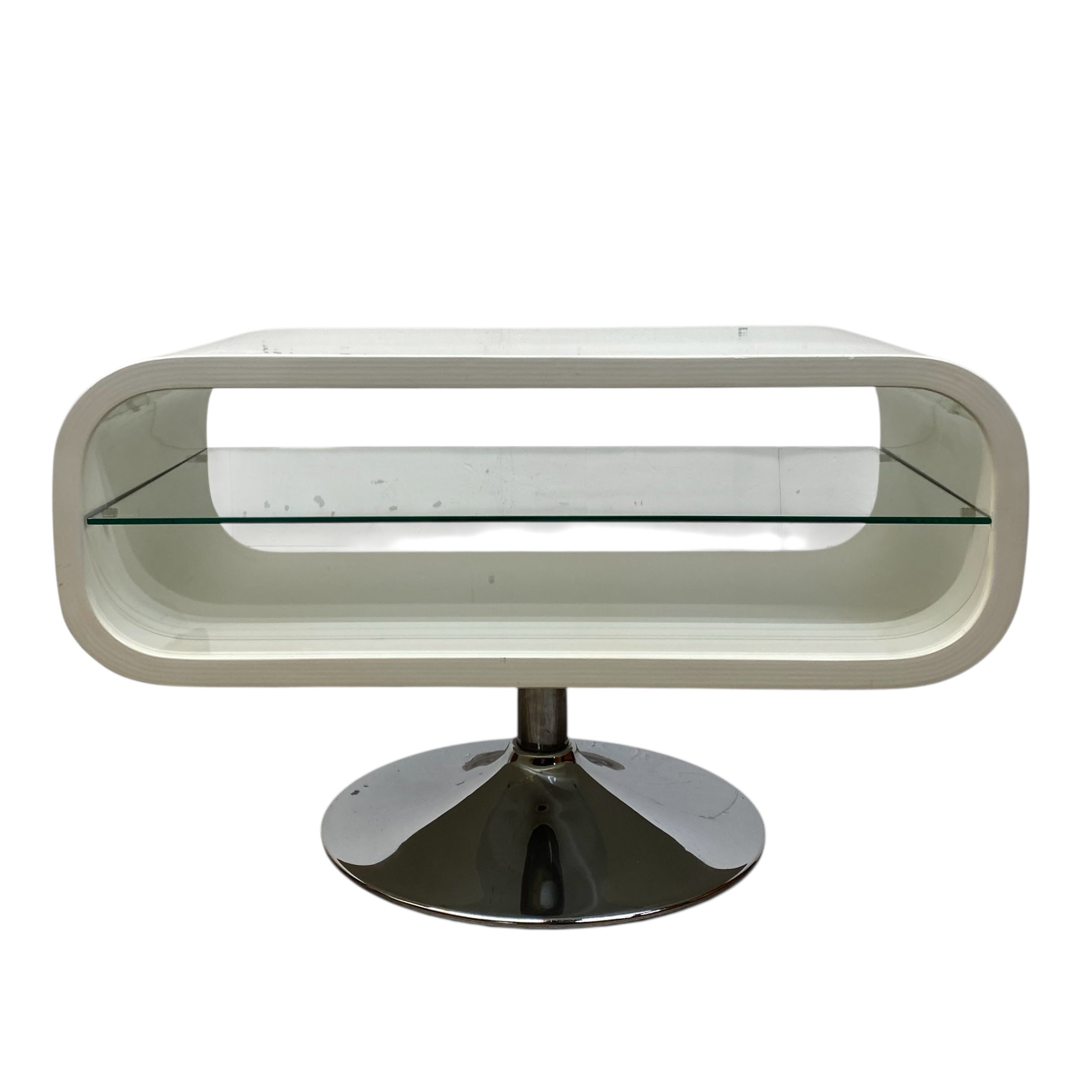 Modern TV  UNIT with glass shelf and chrome base on a white background