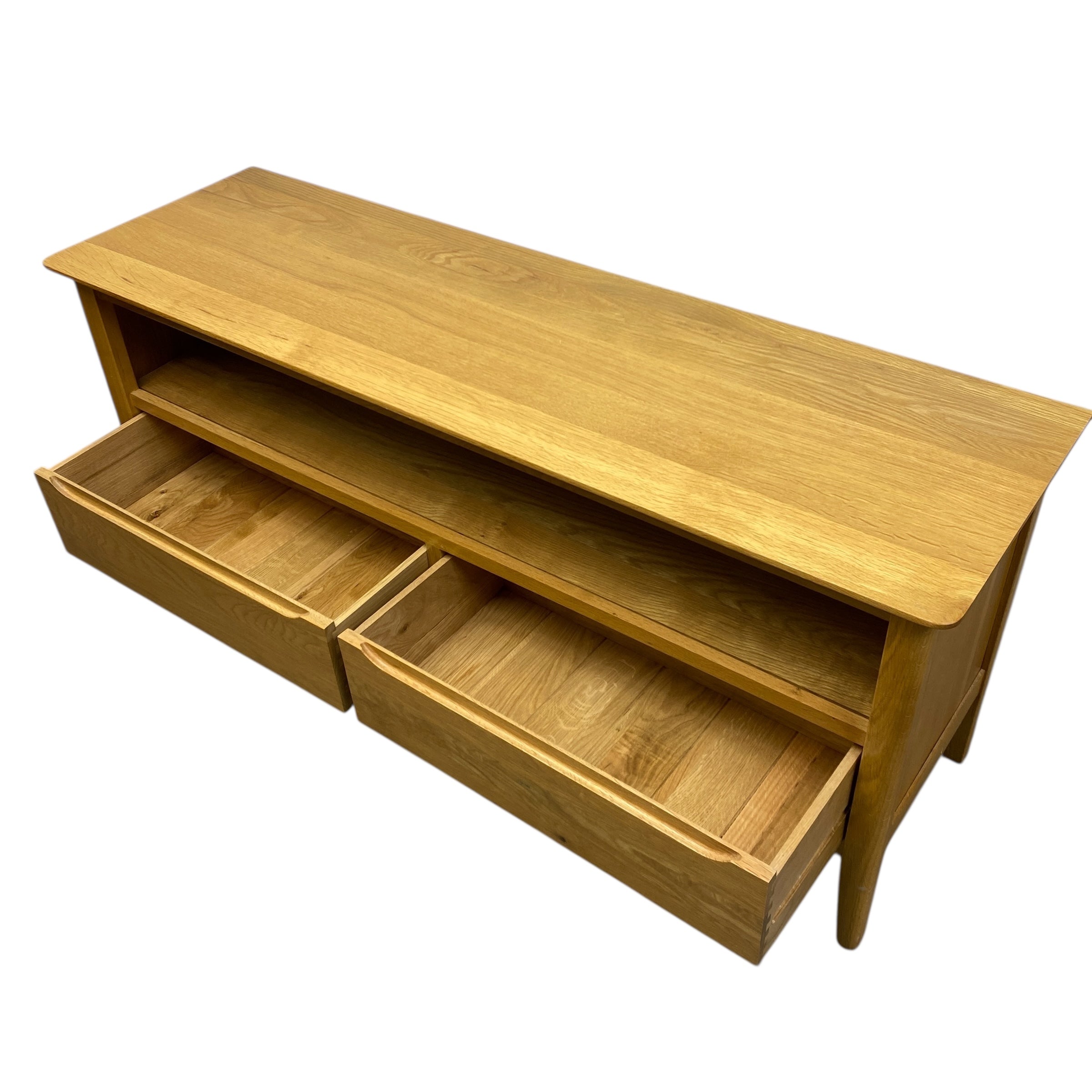 Wooden console table with two drawers on a white background