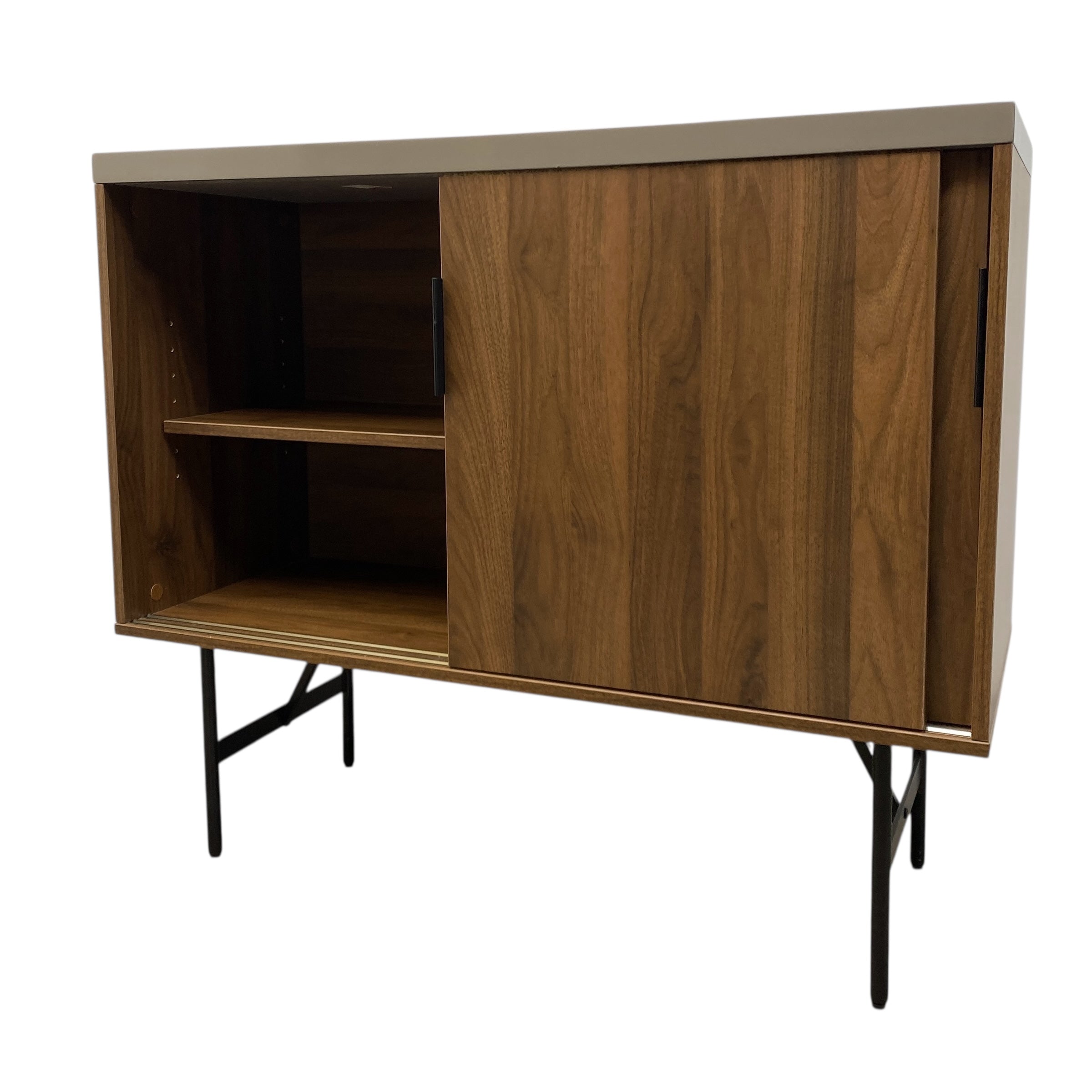 Wooden cabinet with a sliding door on a white background