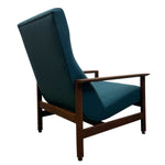 Load image into Gallery viewer, Blue armchair with wooden frame on a white background
