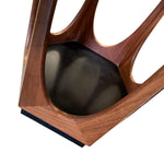 Load image into Gallery viewer, teak arched side table with a black internal shelf
