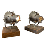 Load image into Gallery viewer, Two vintage-style searchlight lamps on wooden bases against a white background
