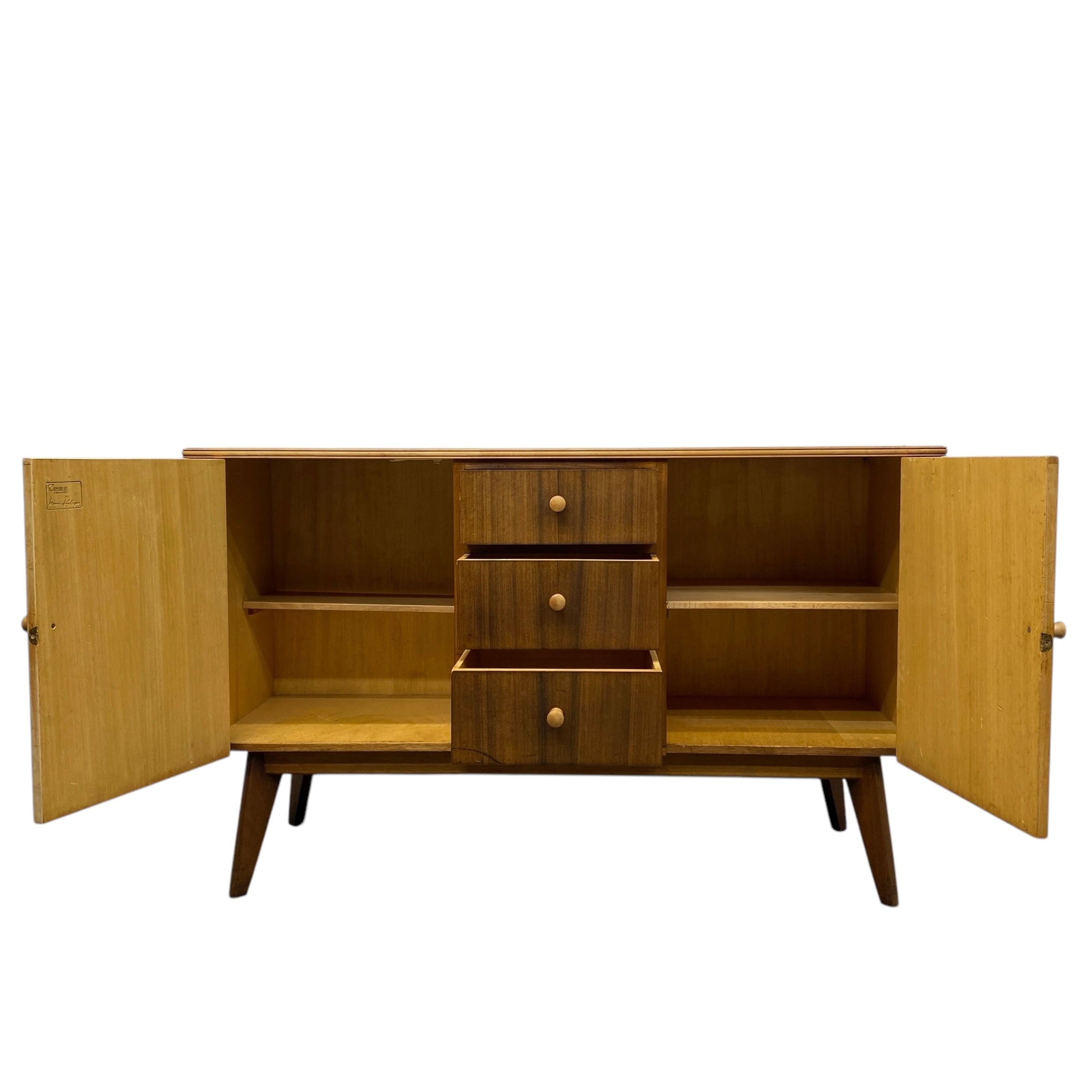 open cupbaords and draws Sideboard Morris Of Glasgow Walnut 1950s