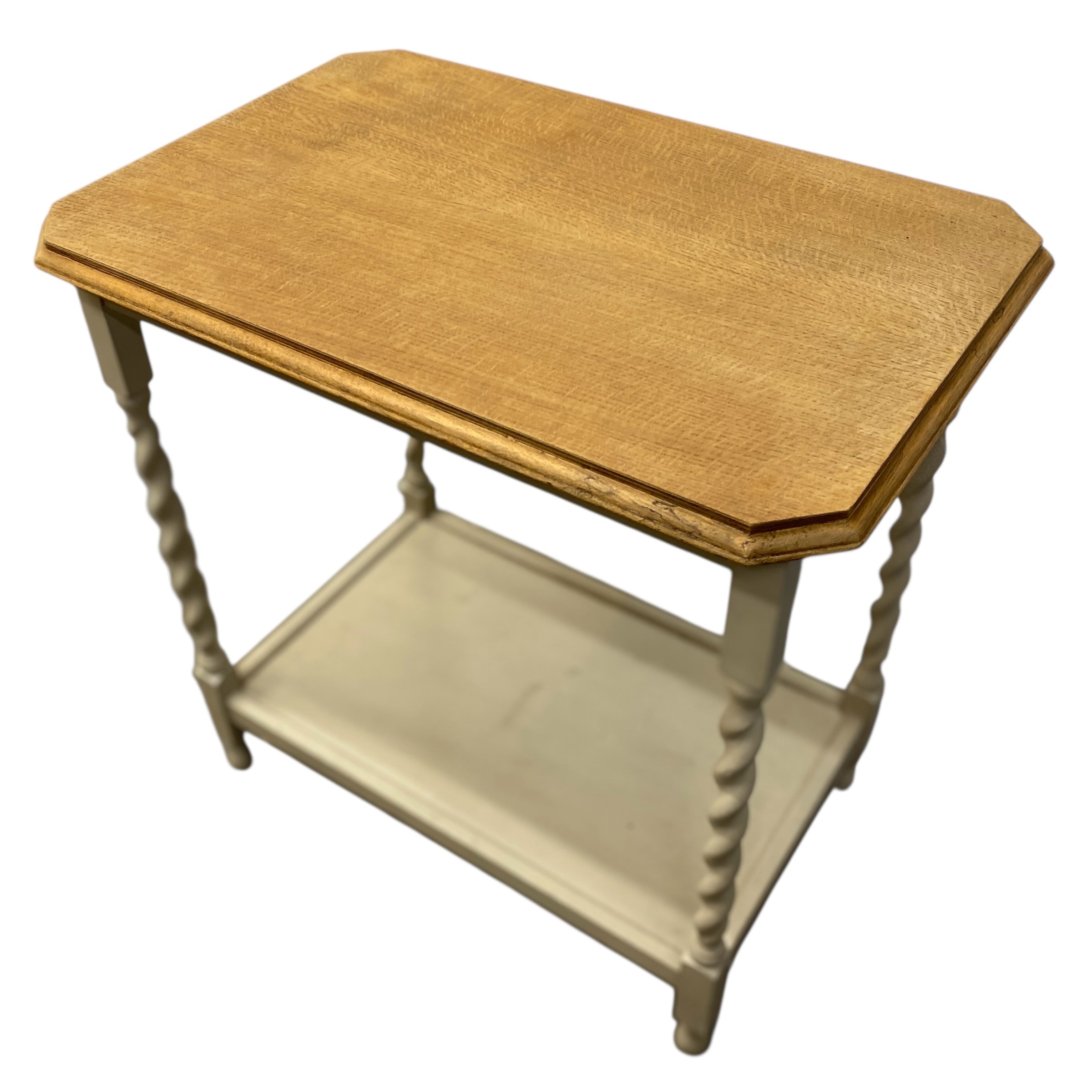 Wooden side table with a white base on a white background