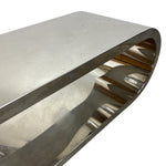 Load image into Gallery viewer, Metallic console table with a reflective surface on a white background

