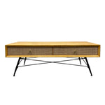 Load image into Gallery viewer, Wooden coffee table with wicker side panels on a white background
