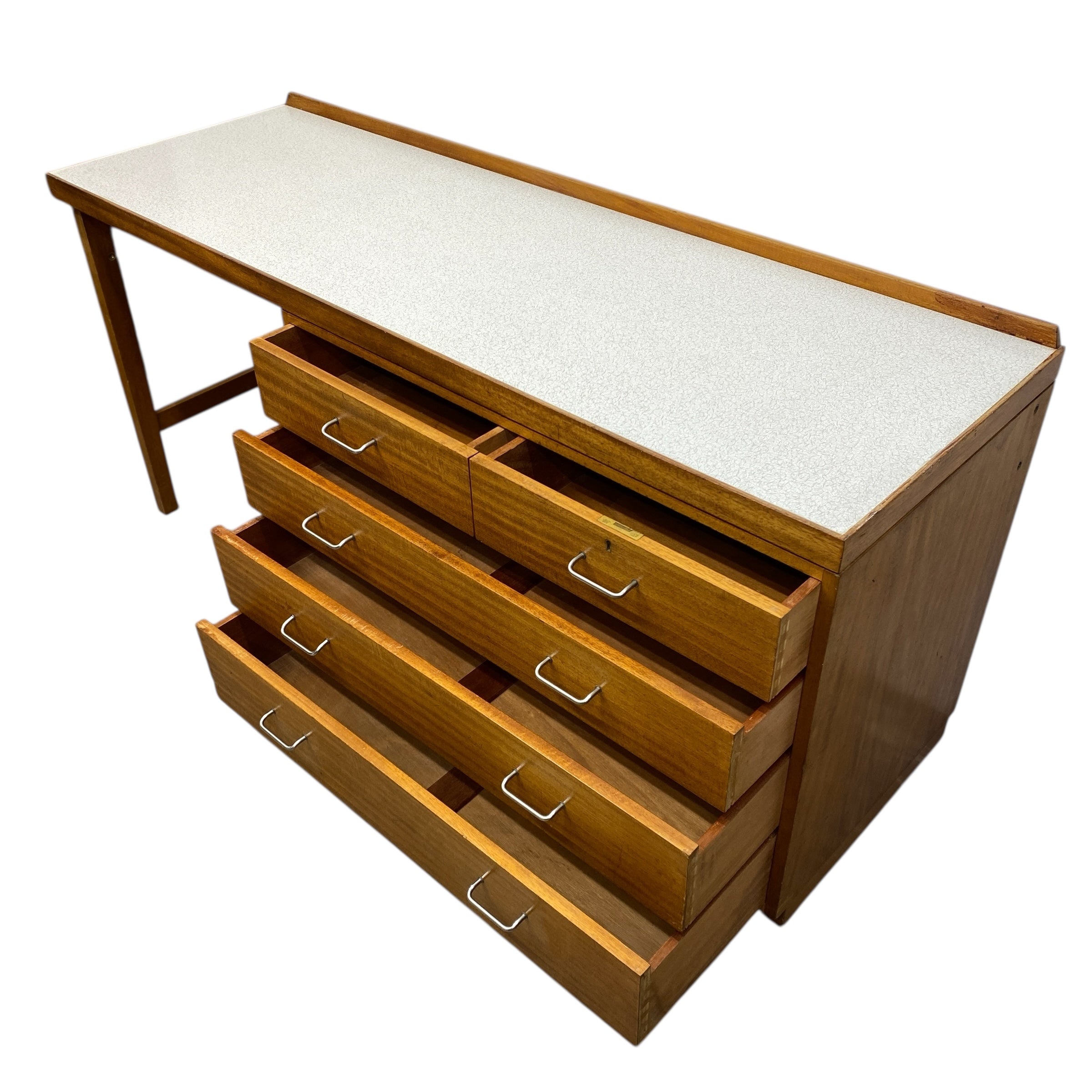 Wooden dresser with multiple drawers on a white background