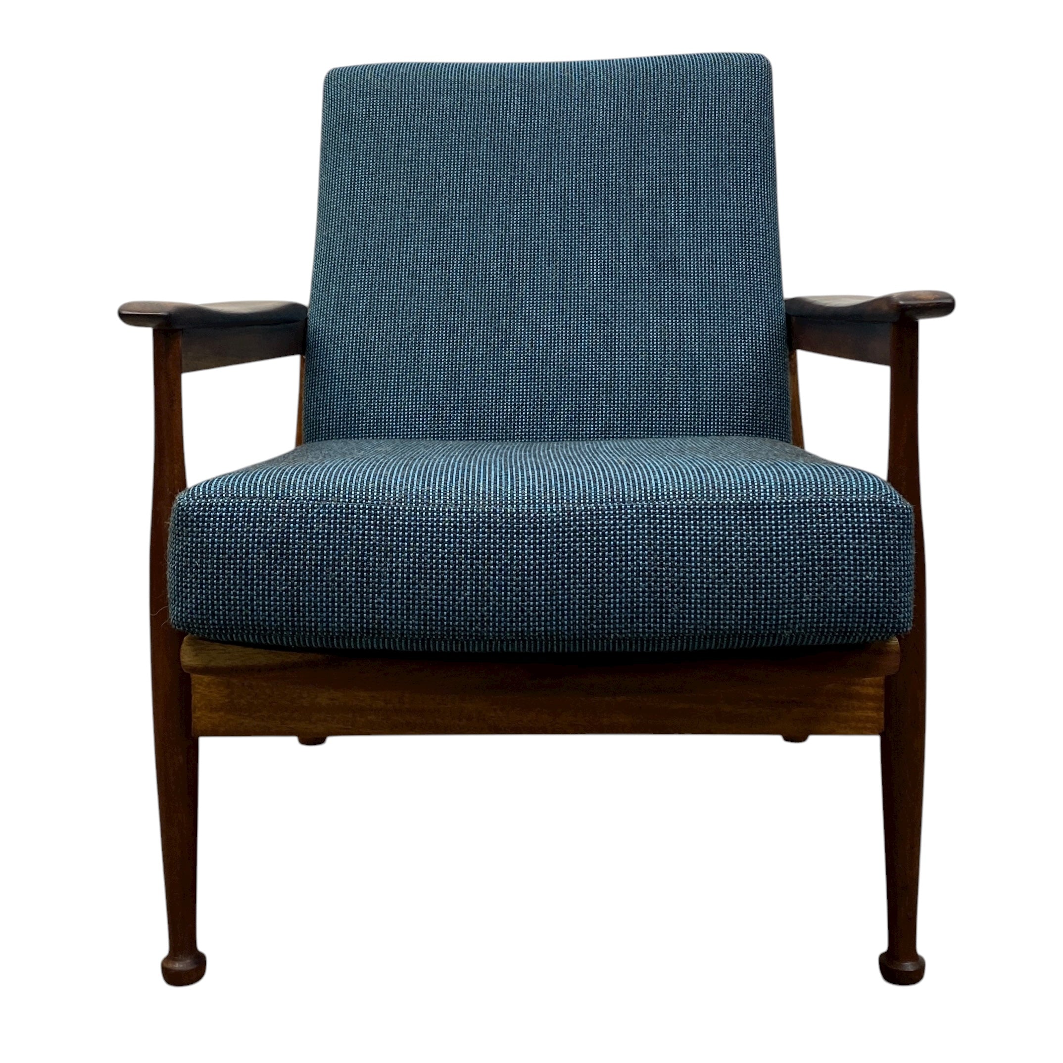 Blue upholstered armchair with wooden frame on a white background