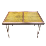 Load image into Gallery viewer, Table with a yellow and brown patterned top on a white background
