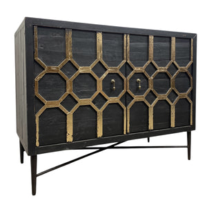 Black cabinet with geometric gold patterns on a white background