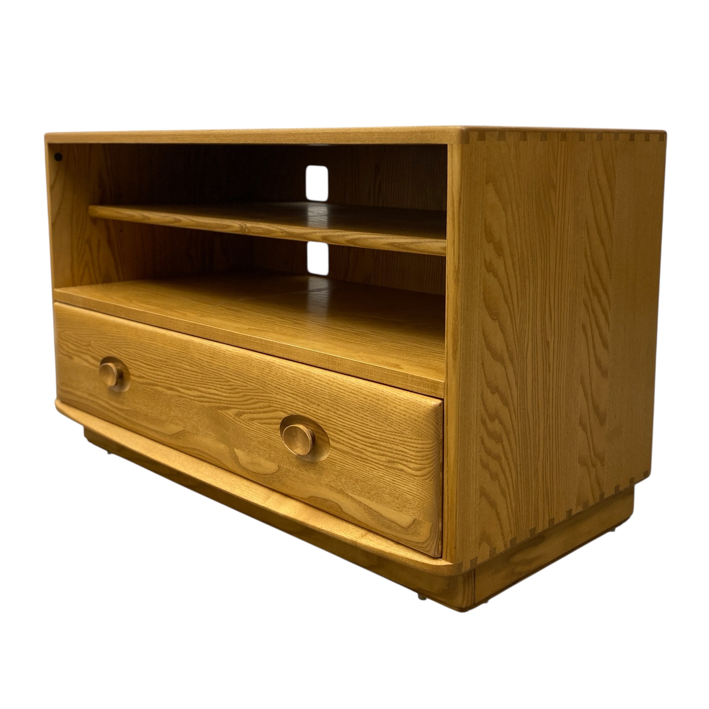 Wooden TV stand with a drawer on a white background
