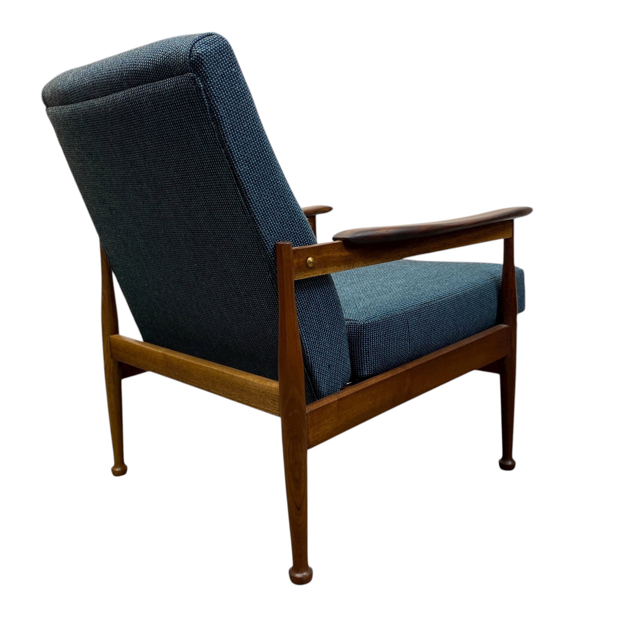 Blue armchair with wooden frame on a white background