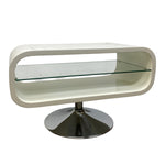 Load image into Gallery viewer, Modern glass coffee table with a white base and chrome pedestal on a white background
