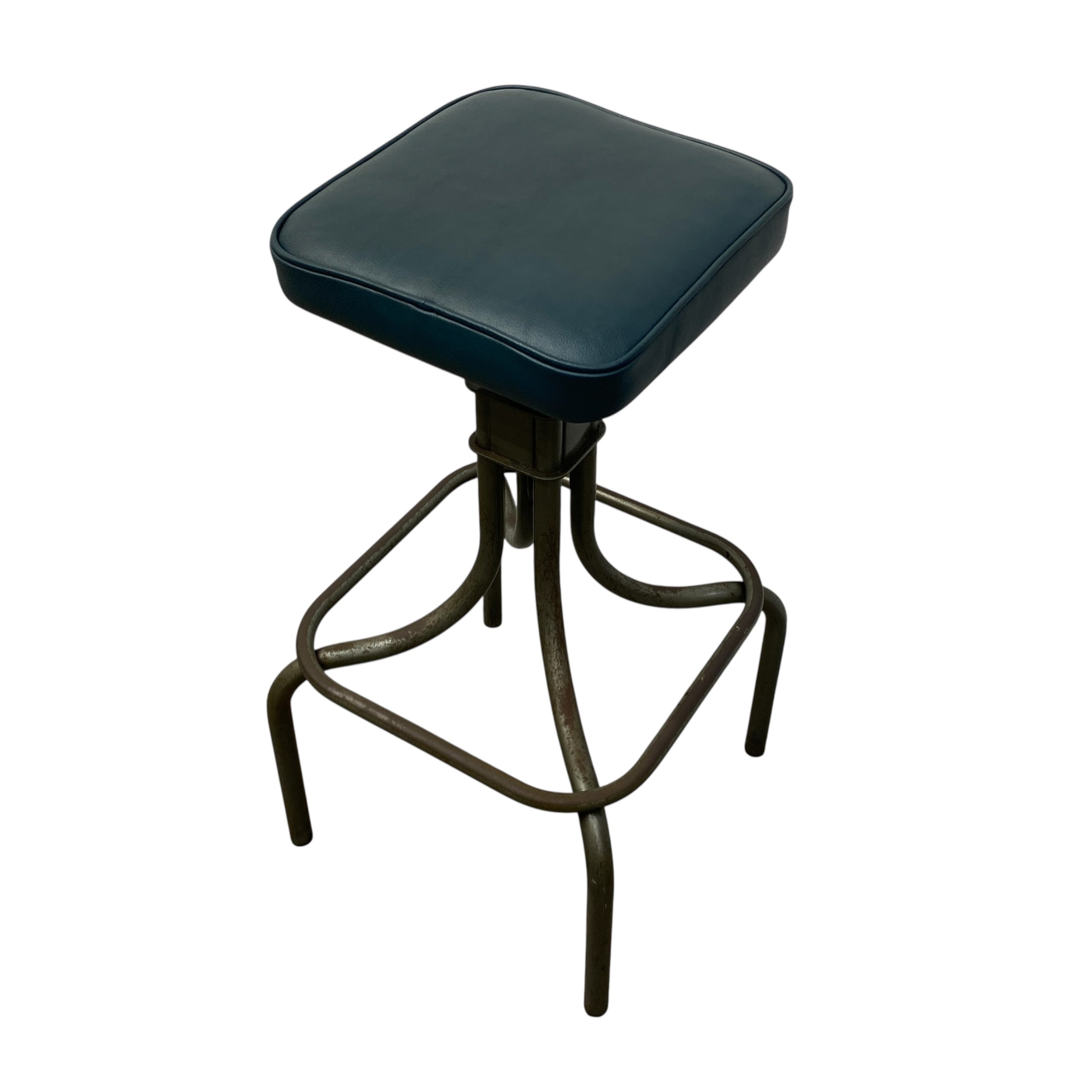 Black bar stool with cushioned seat on a white background