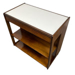 Load image into Gallery viewer, white formica top on a rosewood drinks trolley
