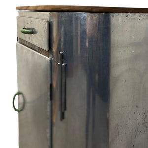 Metallic kitchen cabinet with wooden top