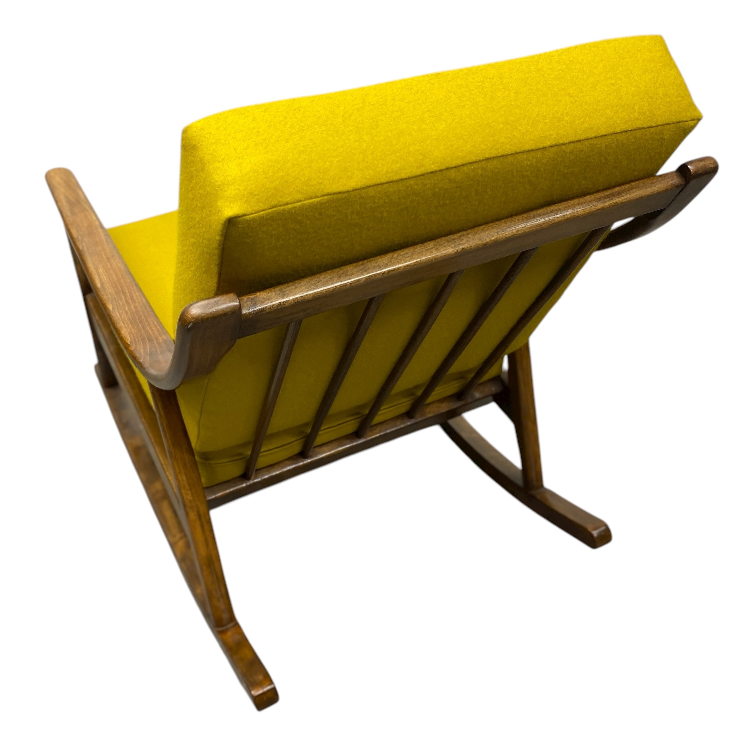Wooden chair with yellow cushion on a white background