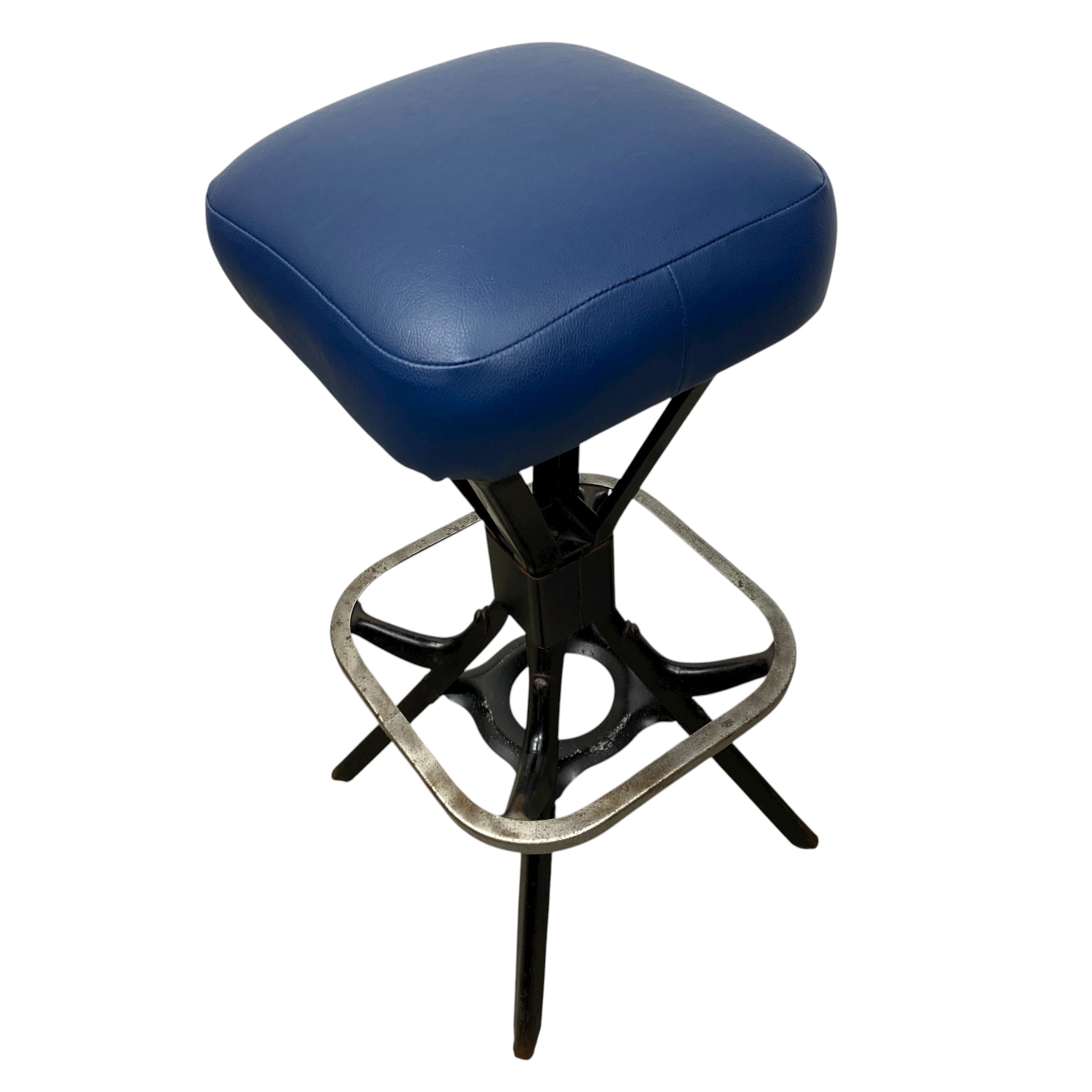 Blue cushioned stool with black metal base on a white background