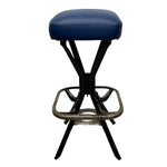 Load image into Gallery viewer, Bar stool with blue cushioned seat and black metal frame on a white background
